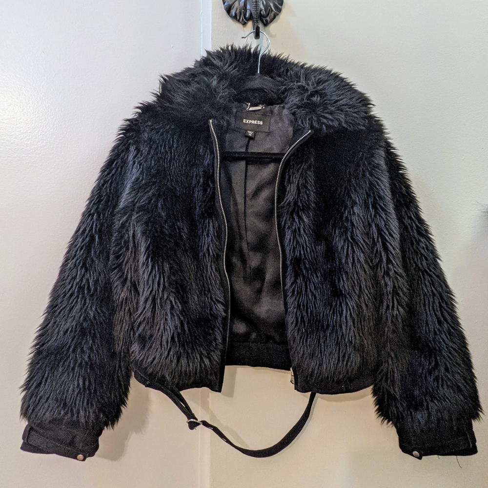 Express XS Black Faux Fur Cropped Coat